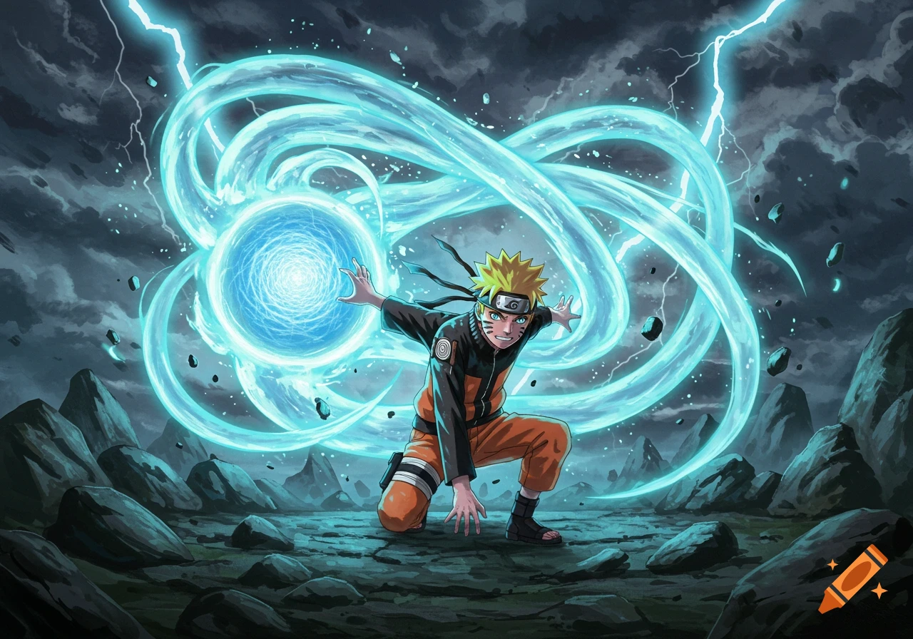 Naruto Uzumaki kneels, forming a large blue Rasengan energy sphere with swirling trails, surrounded by lightning and debris in a dark, stormy landscape. Anime style.