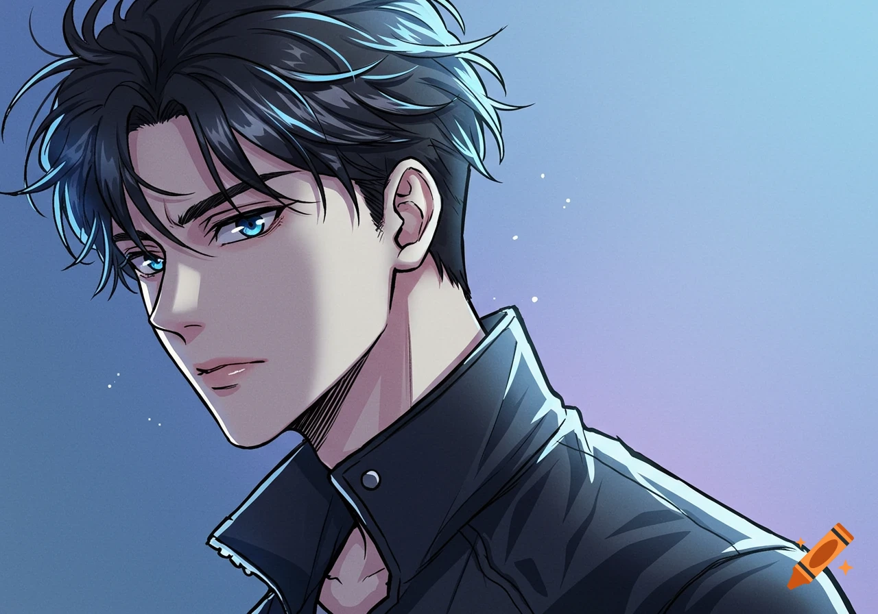 A close-up of a young man with dark hair and striking blue eyes, depicted in a detailed anime or manhwa art style.