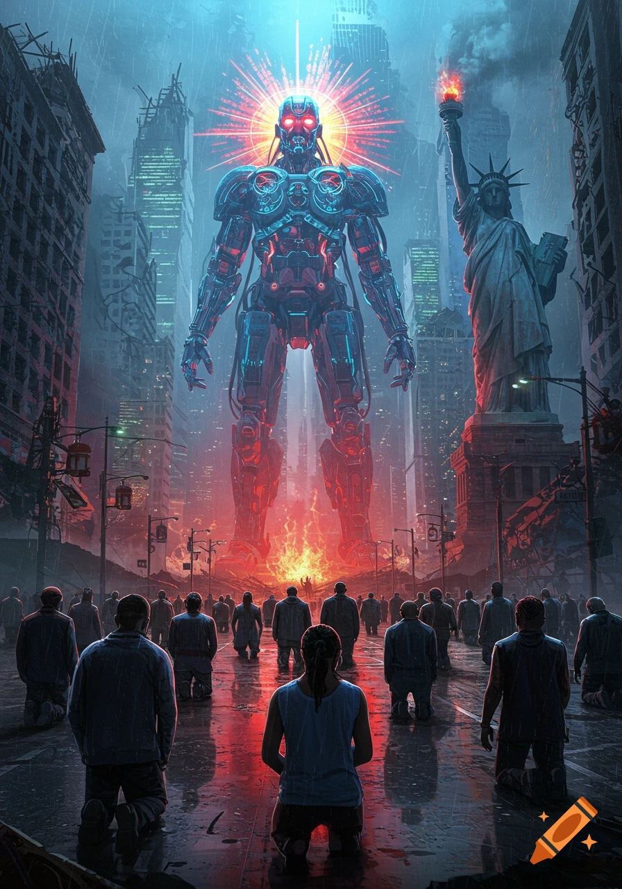 A towering, glowing robot stands in a ruined, neon-lit futuristic city as people kneel before it, with a broken Statue of Liberty nearby.