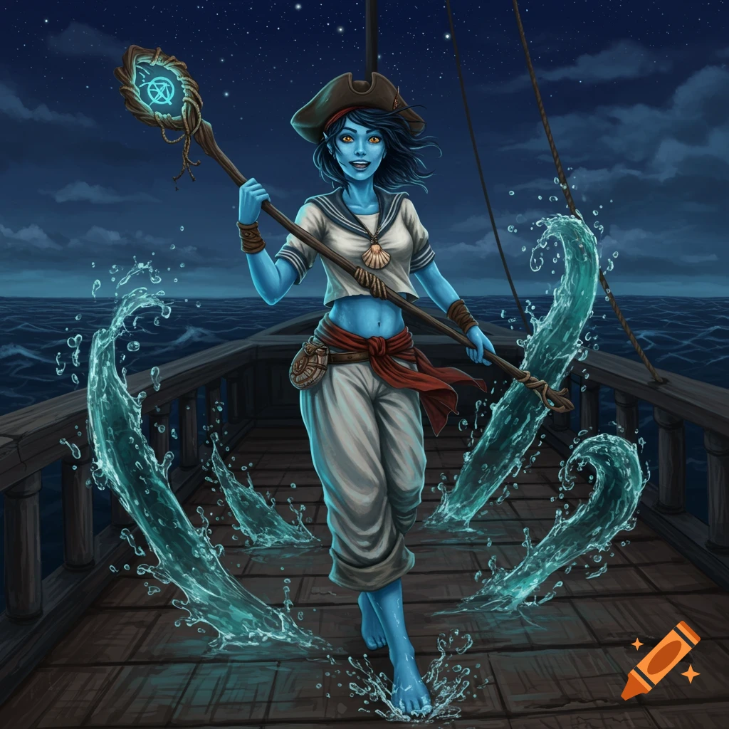 A blue-skinned sea-elf druid in pirate attire stands on a ship deck at night, wielding a glowing staff and surrounded by water. Digital art.