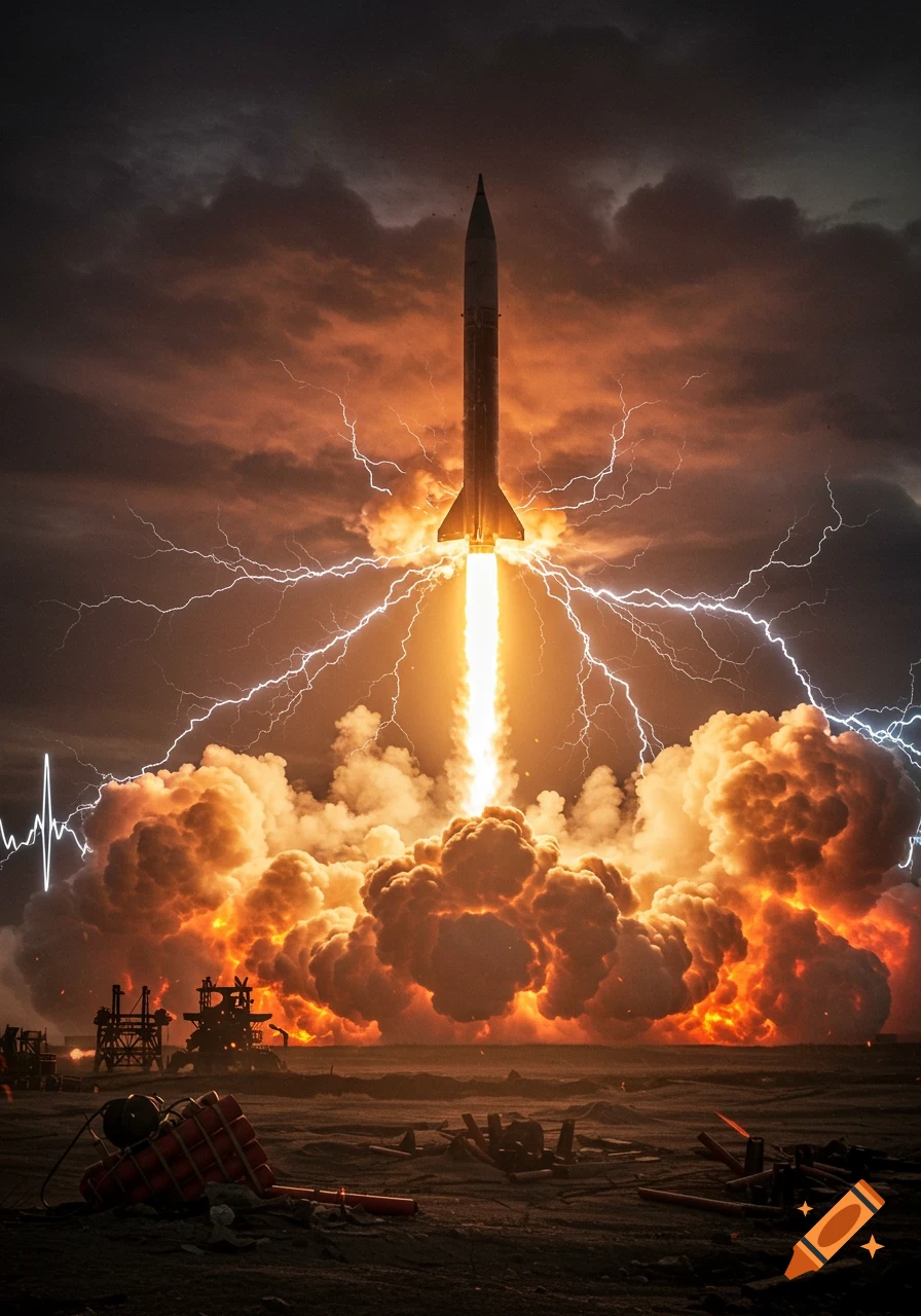 A rocket launches into a dark, stormy sky, surrounded by massive explosions and bright lightning bolts, with debris on the ground.