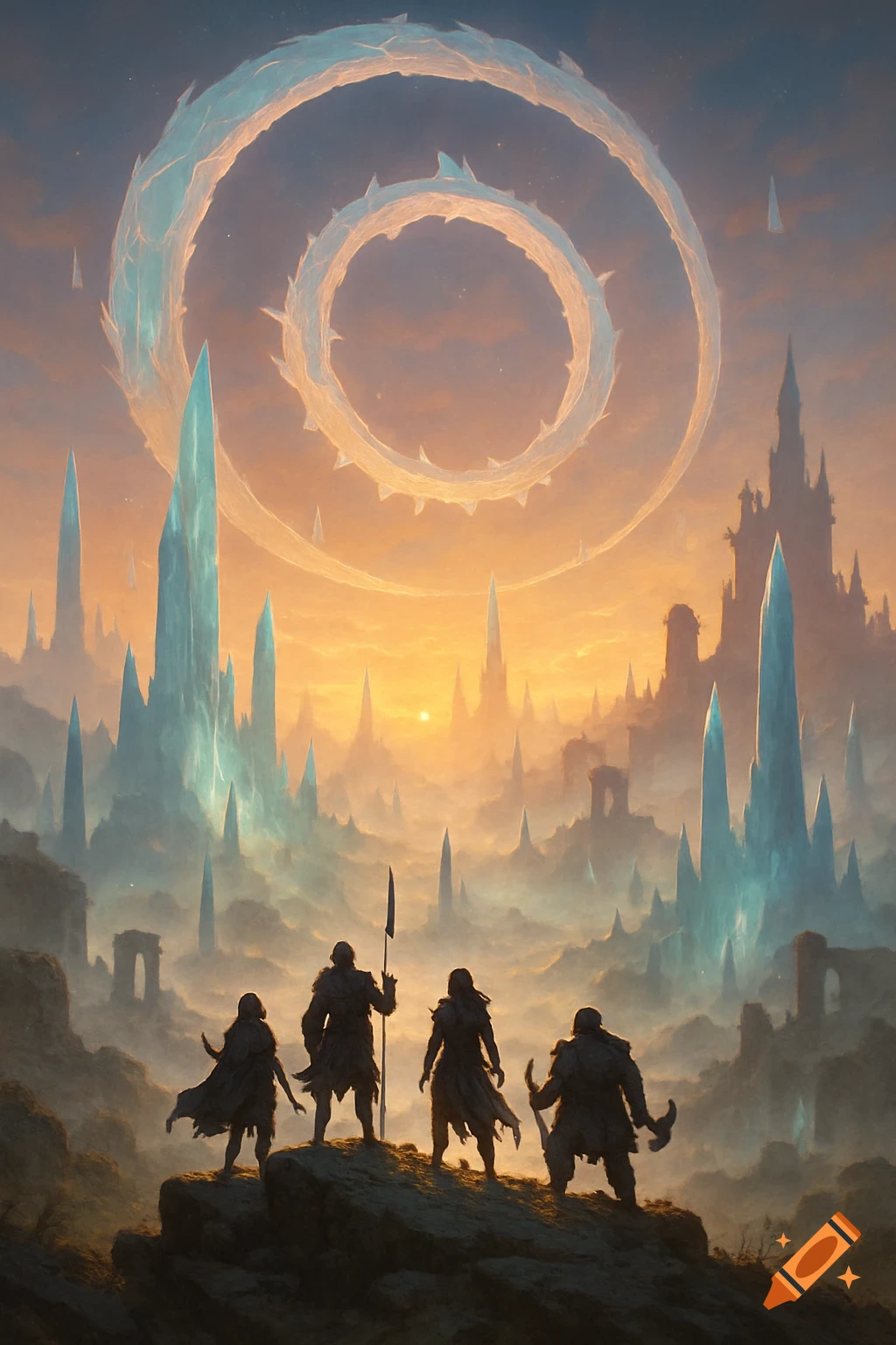 Digital painting of adventurers on a rocky overlook, gazing at a dawn-lit fantasy landscape with crystal spires and floating crystal rings.
