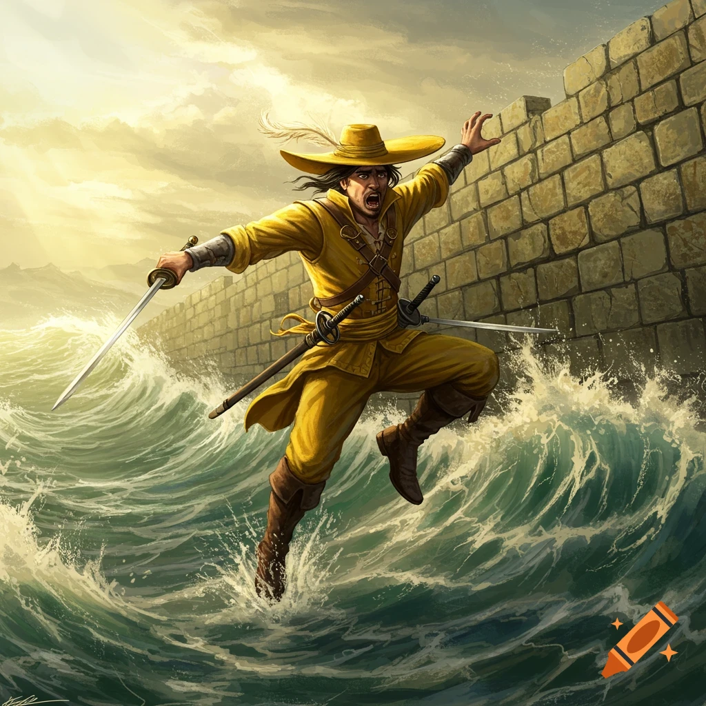 A man in a yellow outfit, wide-brimmed yellow hat, and boots, leaps dynamically over crashing waves next to a stone wall, holding a sword.