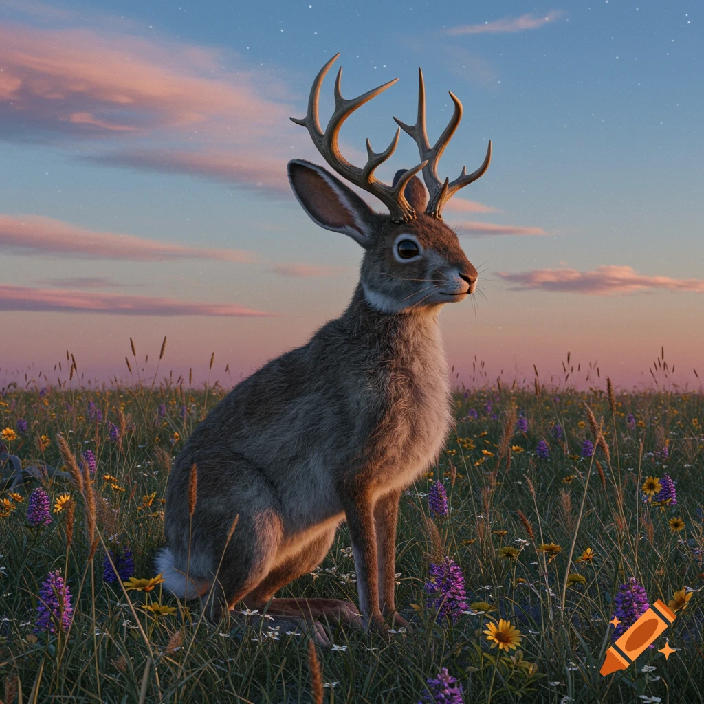 A photorealistic jackalope sits in a vibrant wildflower field at sunset under a pastel sky.
