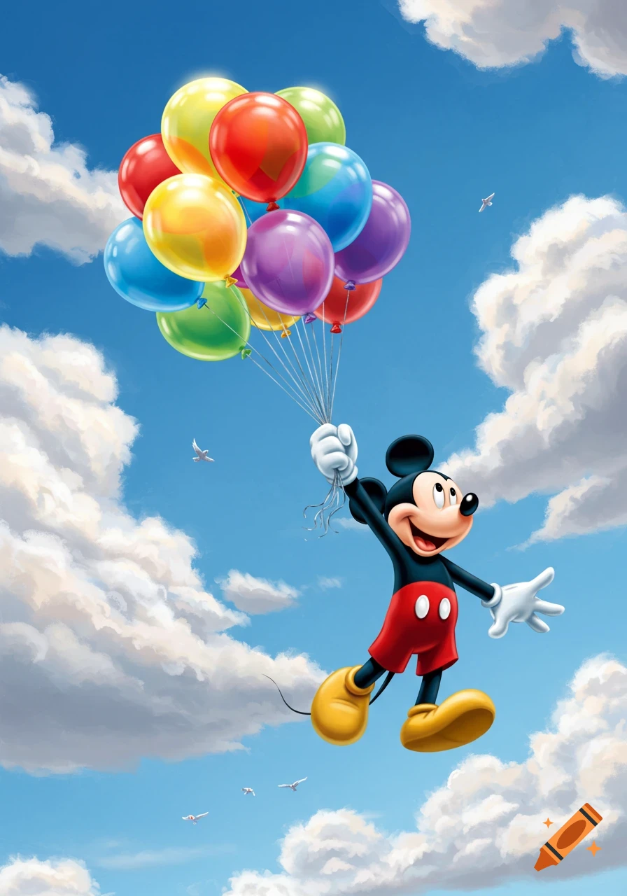 Mickey Mouse flies high in a blue sky filled with white clouds, holding a large bunch of colorful rainbow balloons.