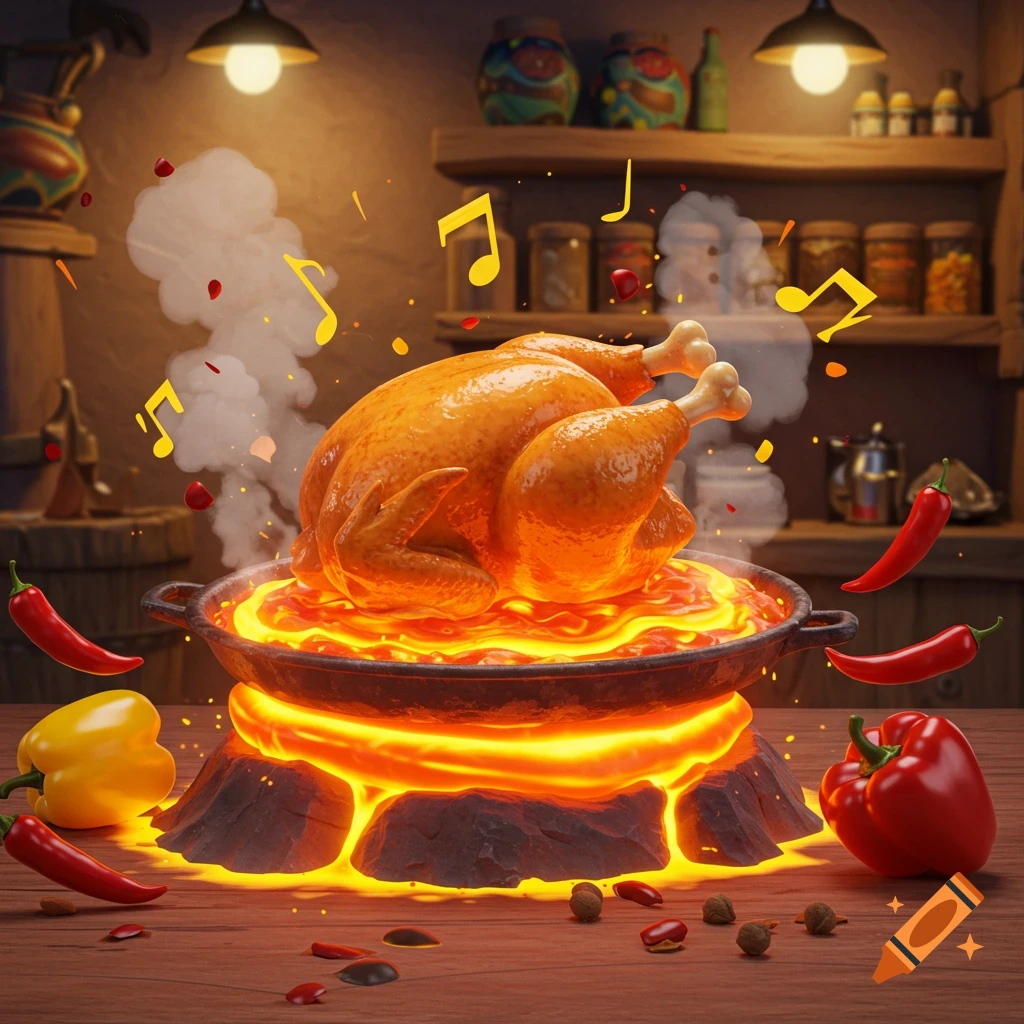A cartoonish roasted chicken rests in a pan on a glowing lava volcano base, surrounded by chili peppers and musical notes in a rustic kitchen.