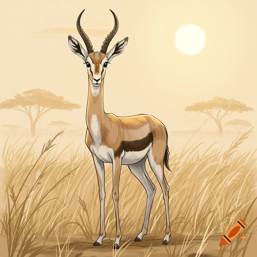 An illustrated gazelle stands in tall grass in a savanna landscape with a sun in the sky.