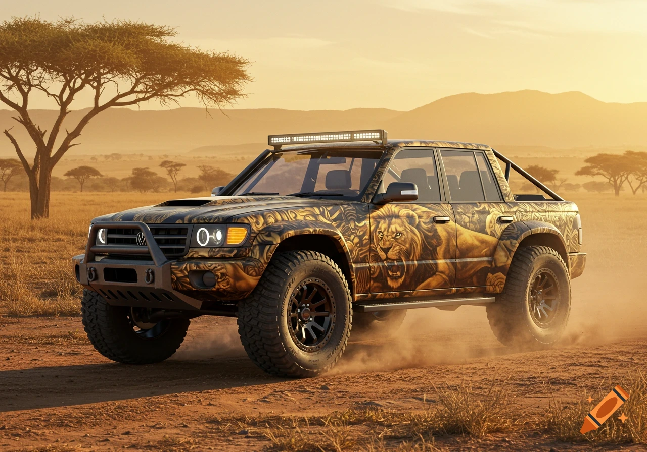 A custom off-road vehicle with a detailed lion-themed wrap drives through a dusty safari landscape at sunset.