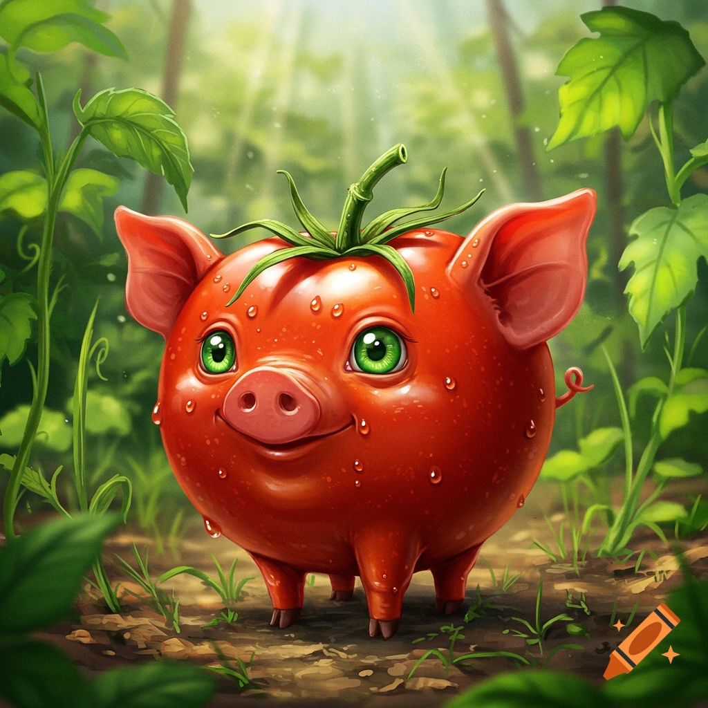 A cute, whimsical creature, half pig and half tomato, with bright green eyes and dew drops, stands in a lush, green forest.