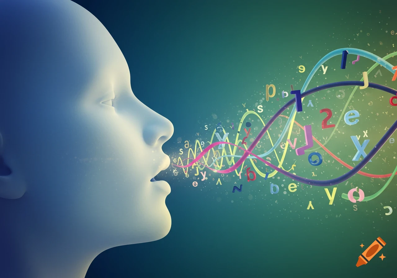 A stylized human head in profile, emitting colorful wavy lines, letters, and numbers from its mouth on a teal background, representing communication.