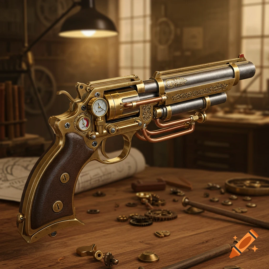 A highly detailed steampunk-style pistol made of brass and copper on a wooden workbench with various gears and tools.