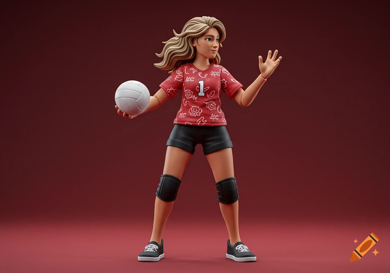 A 3D render of a female action figure in a red volleyball jersey with number 1, black shorts, and knee pads, holding a volleyball.
