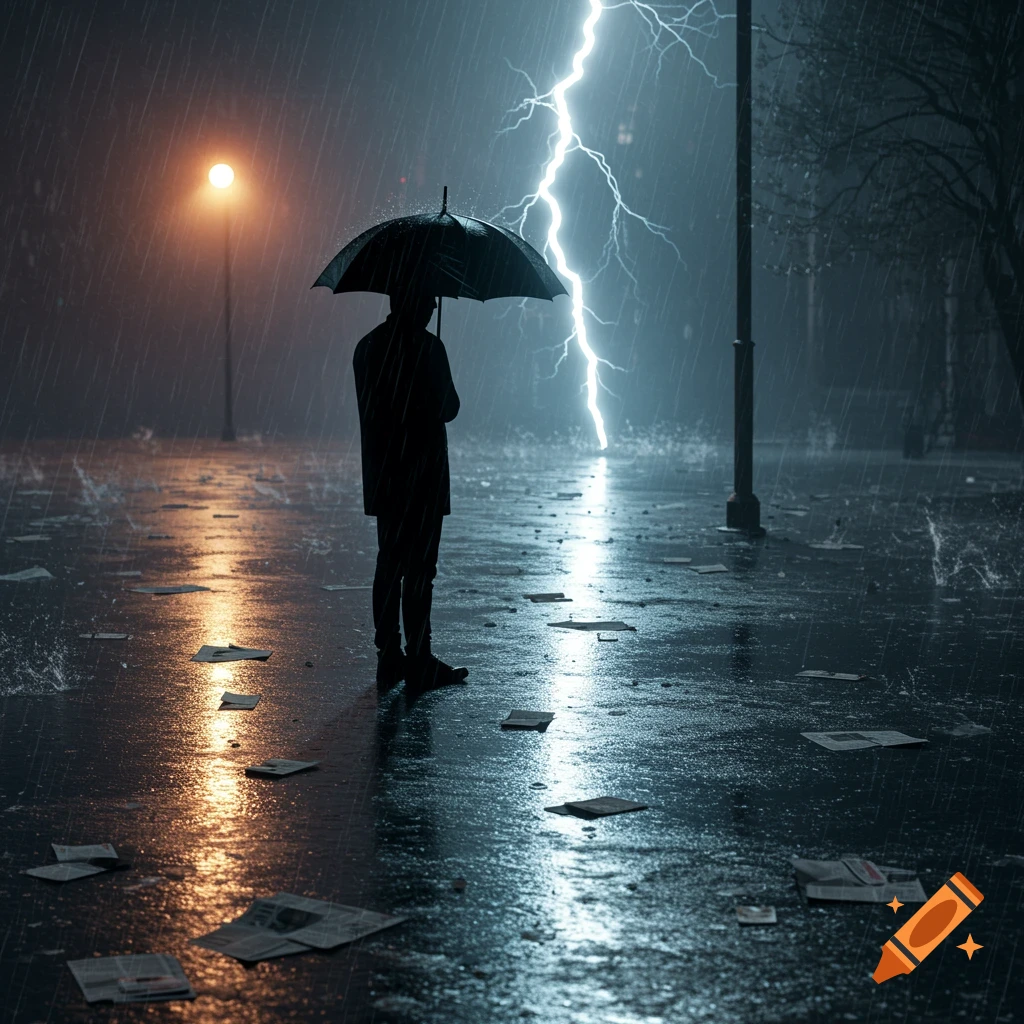 A person with an umbrella stands in heavy rain under a street light, with a bright lightning bolt striking in the background and scattered papers on the wet ground. Photorealistic style.