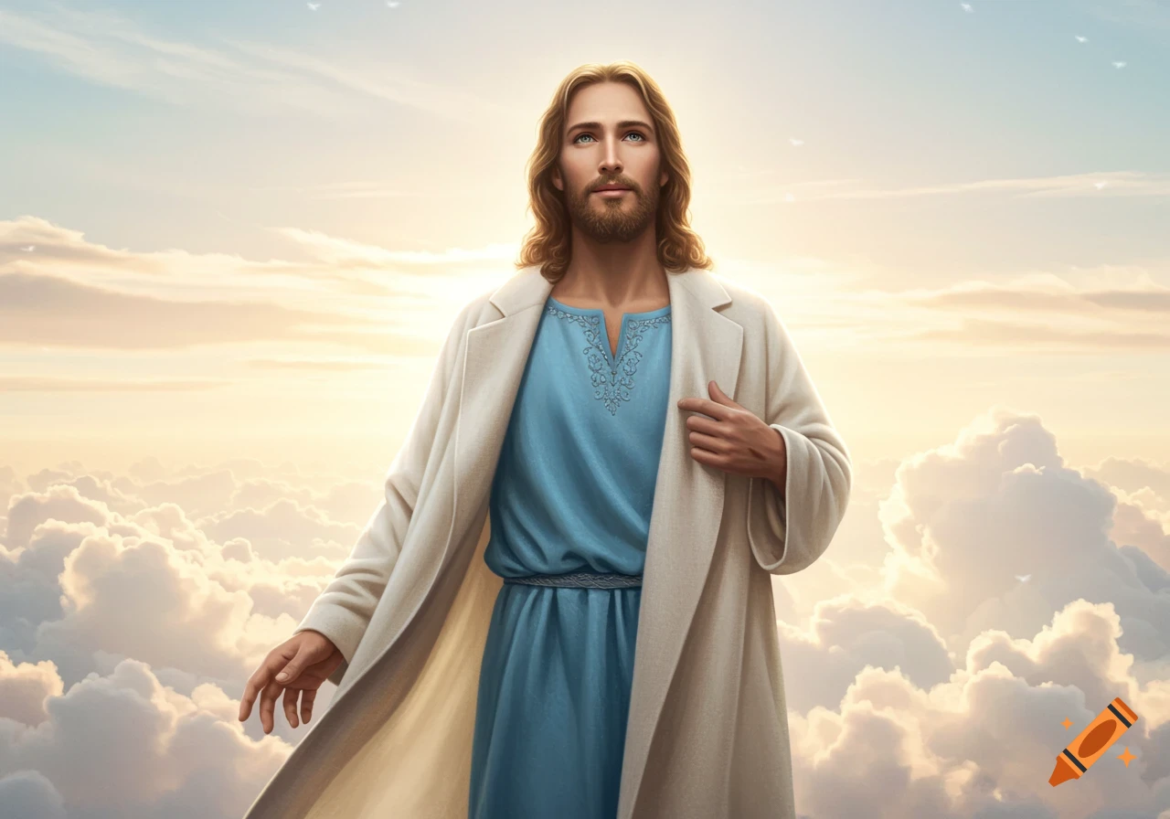 A photorealistic depiction of Jesus standing among clouds in a bright, ethereal sky with light shining behind him.