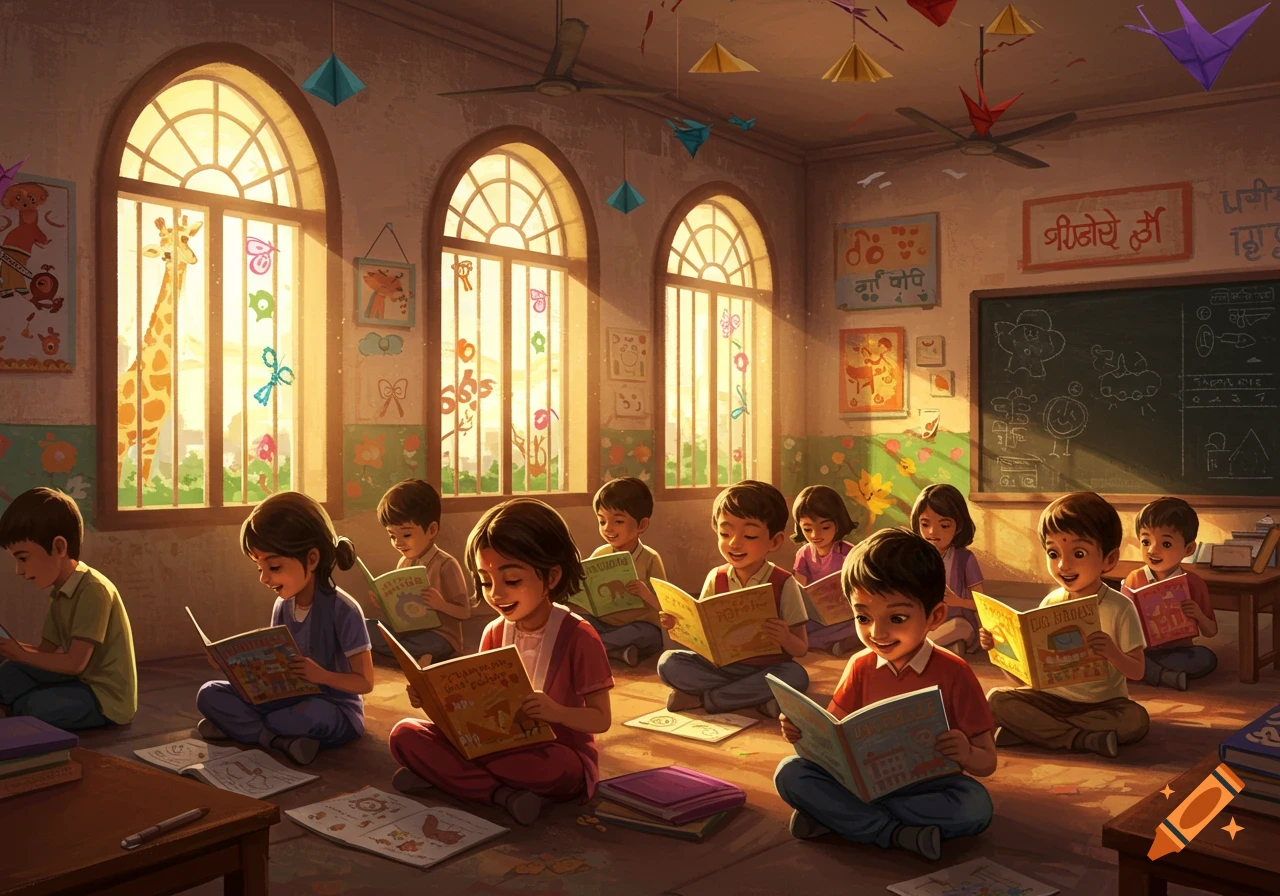 Children sitting on the floor in a sunlit classroom, happily reading books. A giraffe is visible outside the windows.