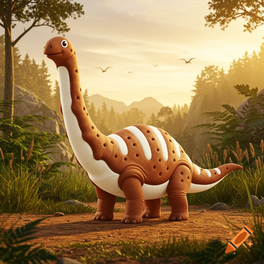 A cartoon dinosaur resembling a Maxibon ice cream sandwich stands in a lush prehistoric landscape with mountains and birds under a golden sky.