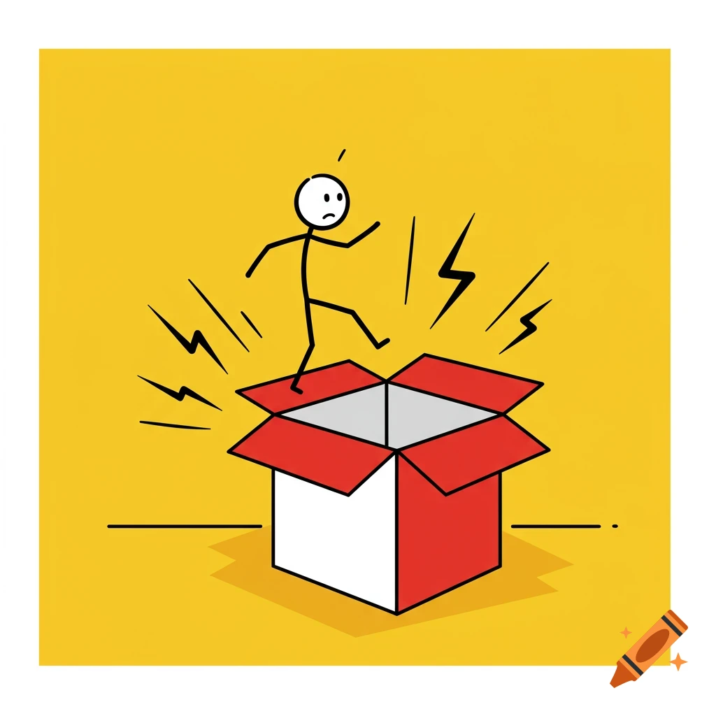Stick figure with a worried expression falling into an open red box with warning symbols, on a yellow background, in a simple cartoon style.