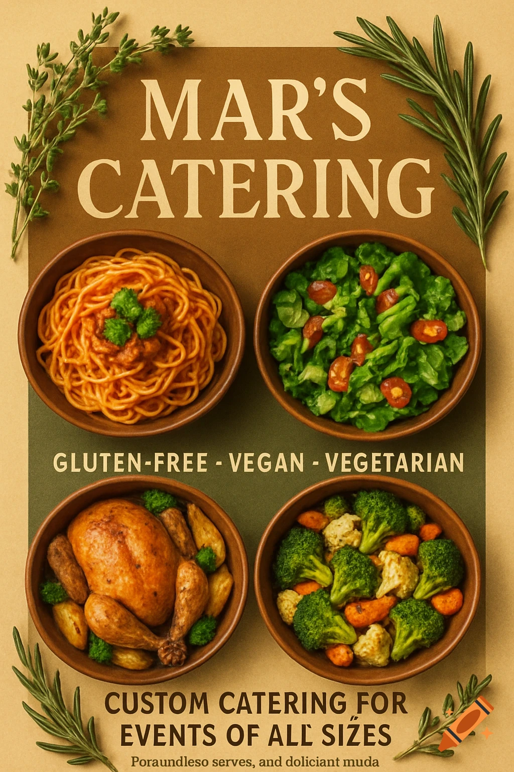 An advertising poster for Mar's Catering, featuring four bowls of food: spaghetti, salad, roasted chicken, and steamed vegetables, with text about gluten-free, vegan, vegetarian options.