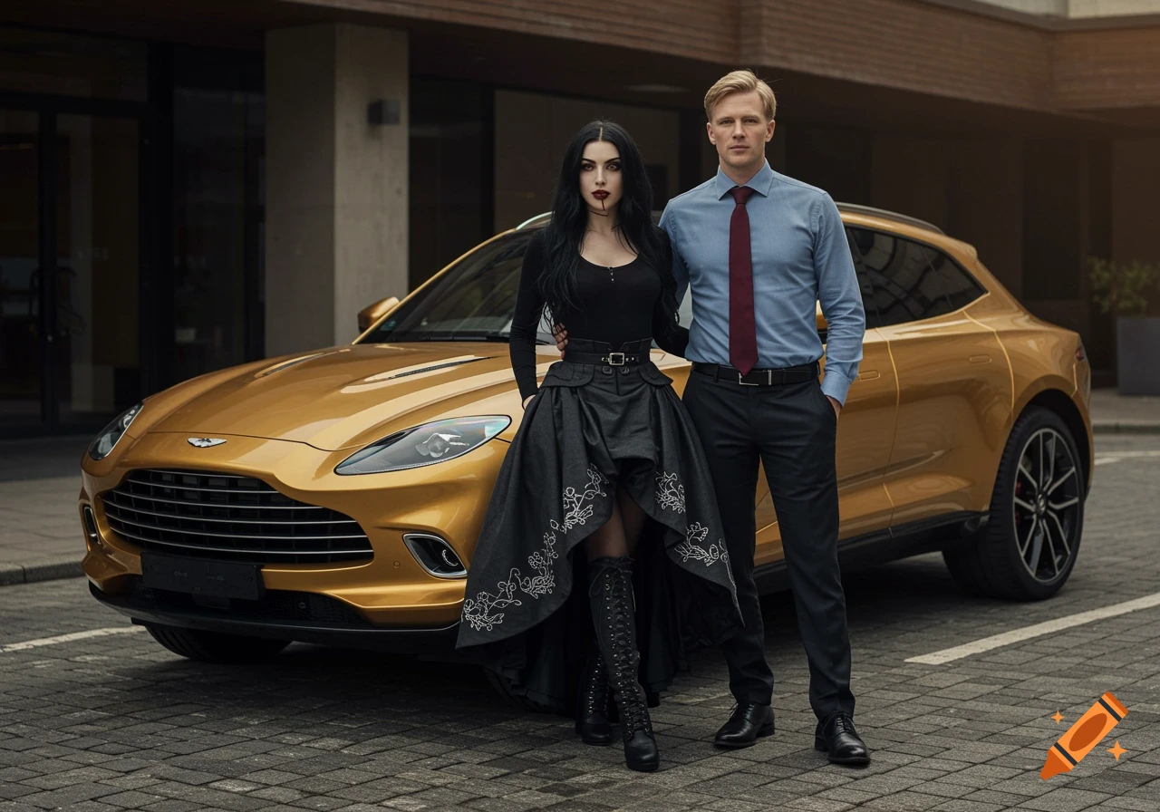 A woman with black hair and a Victorian-style skirt stands next to a man in a suit, both posing in front of a golden Aston Martin DBX707.
