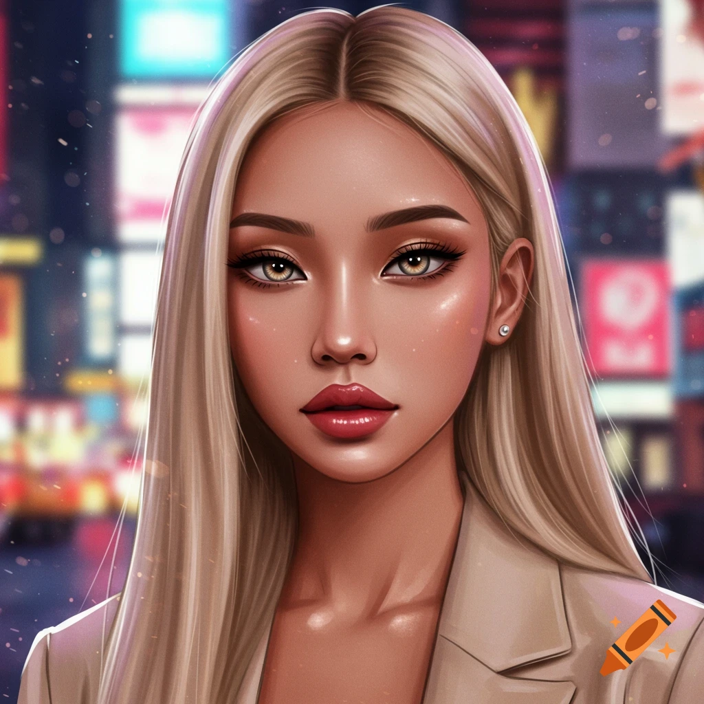 Stylized portrait of a woman with blonde hair and striking eyes wearing a beige blazer, against a blurred city night background.