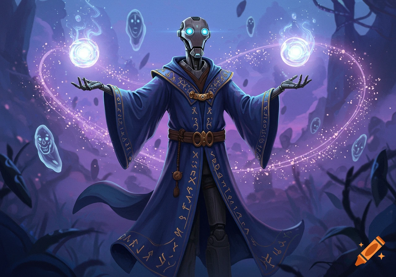 A robotic wizard in a blue robe conjuring glowing orbs amidst floating spectral faces in a purple fantasy landscape.