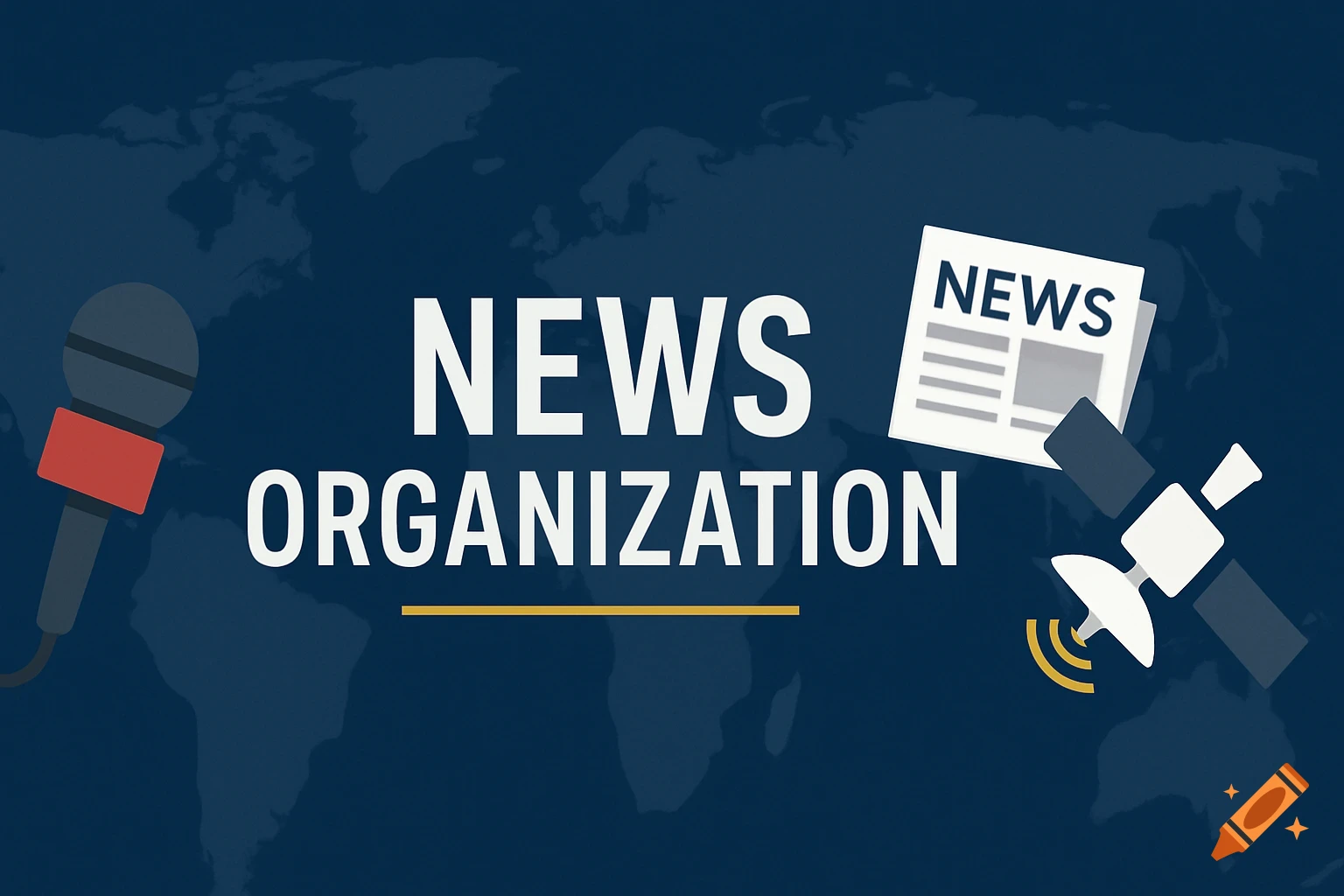 A banner illustration for a news organization featuring a microphone, newspaper, and satellite over a world map on a dark blue background.