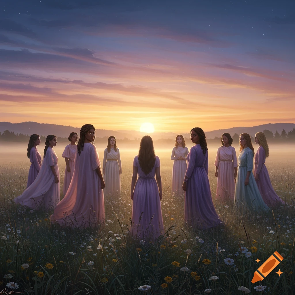 A group of women in long dresses stand in a misty field at sunrise, with mountains in the distance.