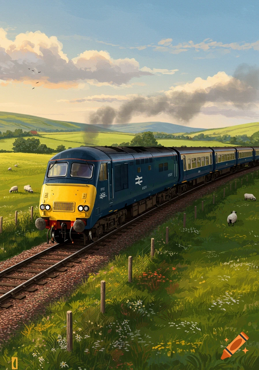A blue and yellow British Rail train travels through a lush green countryside with rolling hills and sheep under a partly cloudy sky, in an illustrative style.