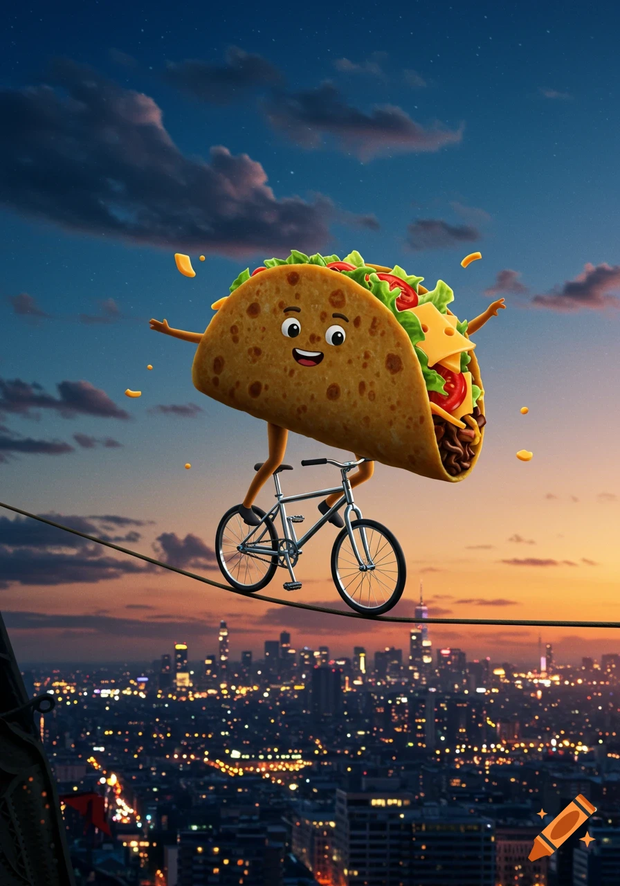 A cartoon taco with a smiling face rides a bicycle on a tightrope high above a city skyline at sunset.