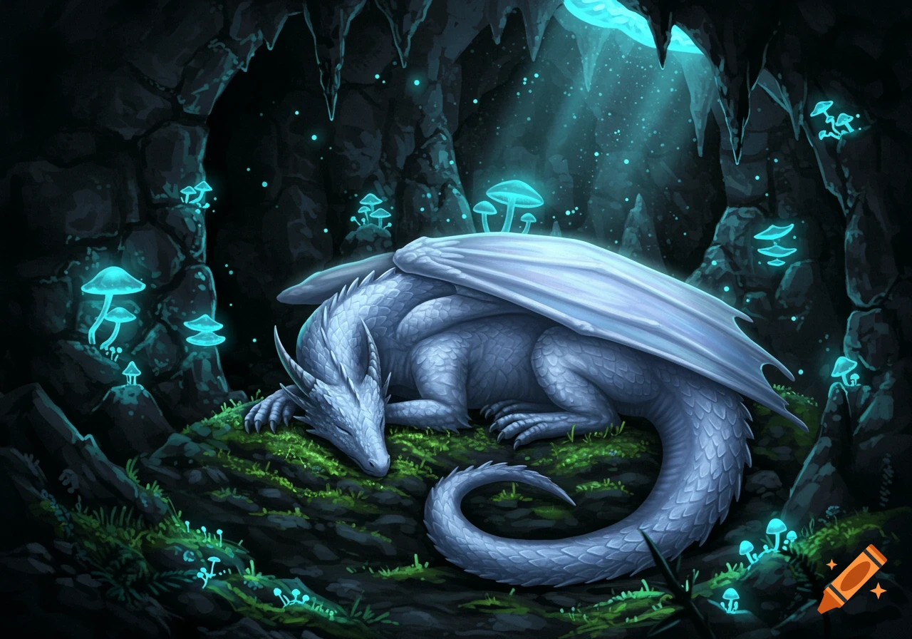 A light blue dragon sleeps peacefully in a dark cave illuminated by glowing blue mushrooms and light from above, in a digital fantasy art style.