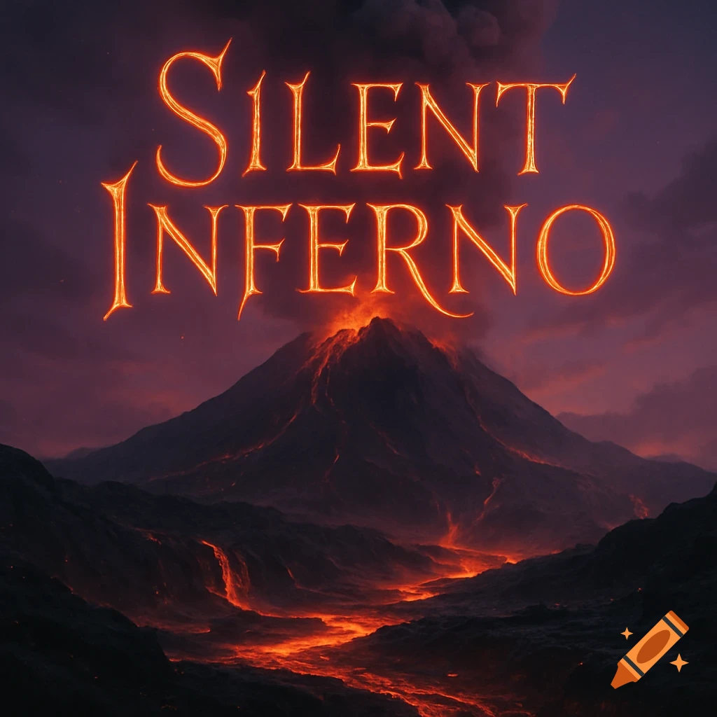 A dramatic landscape featuring an erupting volcano with lava flows, under a dark, fiery sky, with the words 'Silent Inferno' emblazoned above.