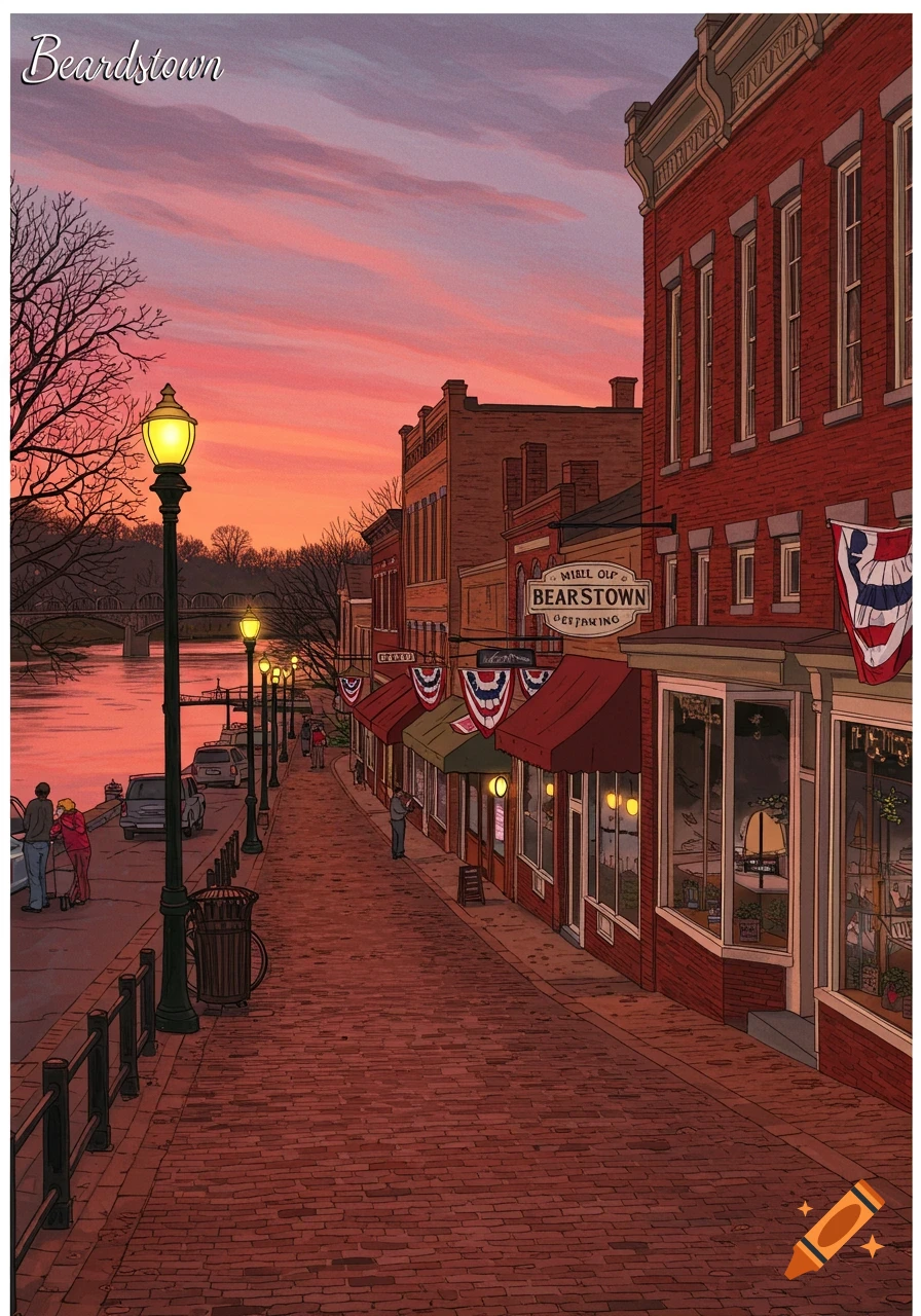 An illustration of a charming town street along a river at sunset, with red brick buildings, shops, glowing street lamps, and a cobblestone path.