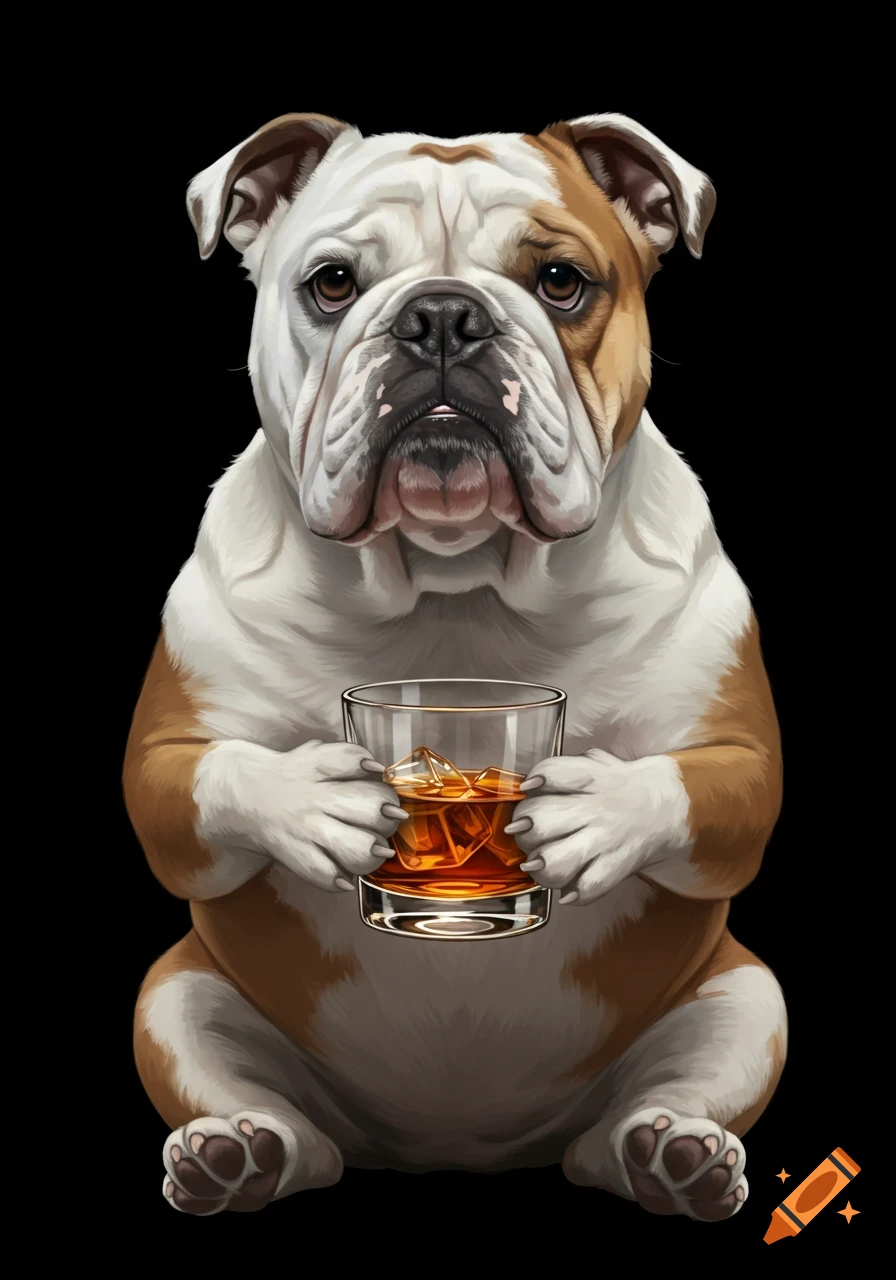 A white and brown bulldog sits holding a glass of whiskey with ice, against a black background, in a digital art style.
