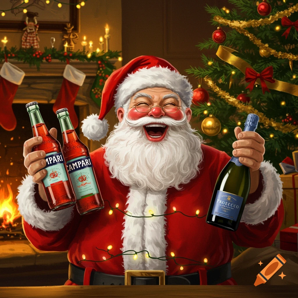 Jovial Santa Claus holding two Campari bottles and a Prosecco bottle, laughing in front of a fireplace and Christmas tree.