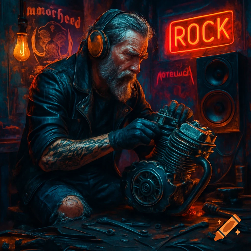A bearded man in a leather jacket and headphones repairs an engine in a dimly lit garage with a neon "ROCK" sign. Photorealistic.
