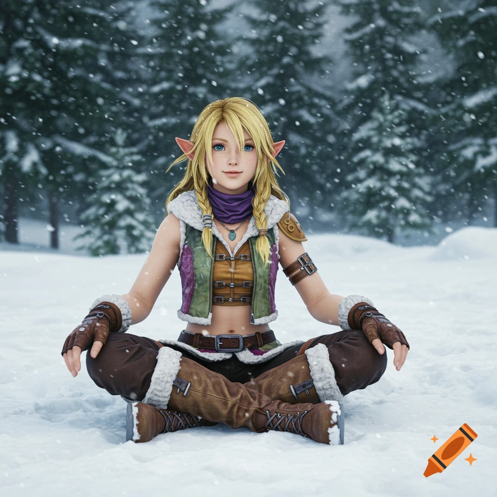 A blonde elf-like character with pointed ears and blue eyes, wearing winter adventurer attire, sits cross-legged in the snow with pine trees in the background as snow falls.
