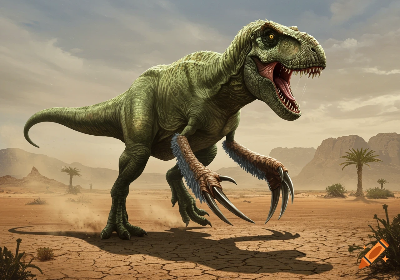 A large green T-Rex with feathered therizinosaurus arms and long claws stands in a dusty, cracked desert landscape under a cloudy sky.