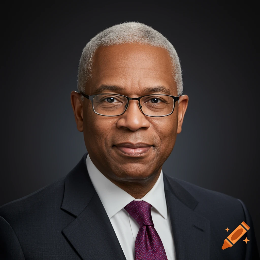 A man with grey hair and glasses in a dark suit and purple tie, smiling confidently against a dark gray background.