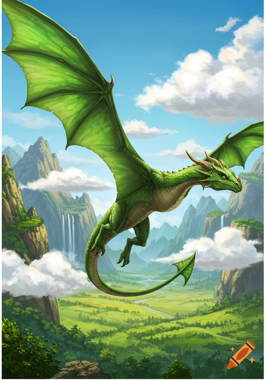 A vibrant green dragon flies majestically over a lush valley with mountains and waterfalls under a bright blue sky, in a detailed fantasy illustration.
