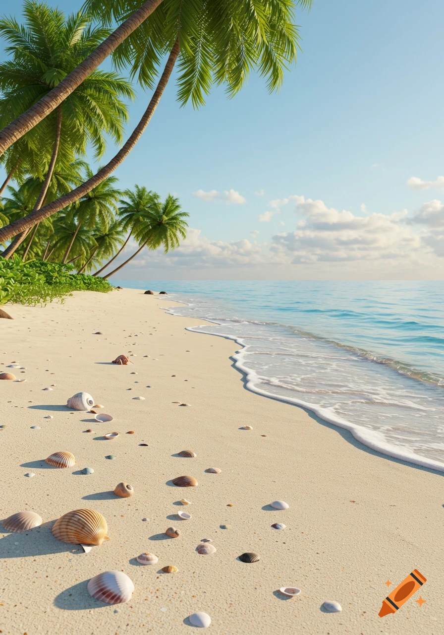 A photorealistic beach scene with white sand, palm trees, scattered seashells, and gentle waves under a clear blue sky.