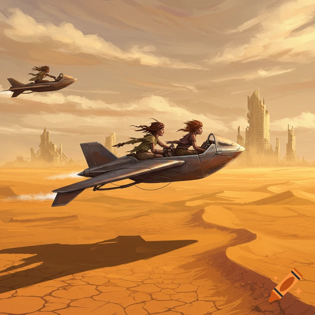 Two women fly a futuristic glider over a cracked desert with ruined cityscapes in a post-apocalyptic world, painted style.