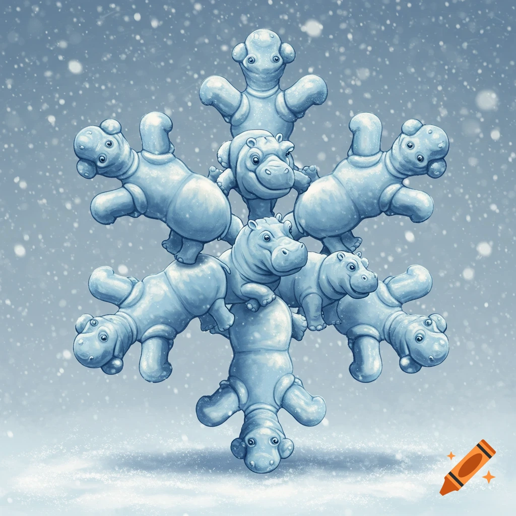 A snowflake formed by numerous light-blue cartoon hippos against a snowy blue background.