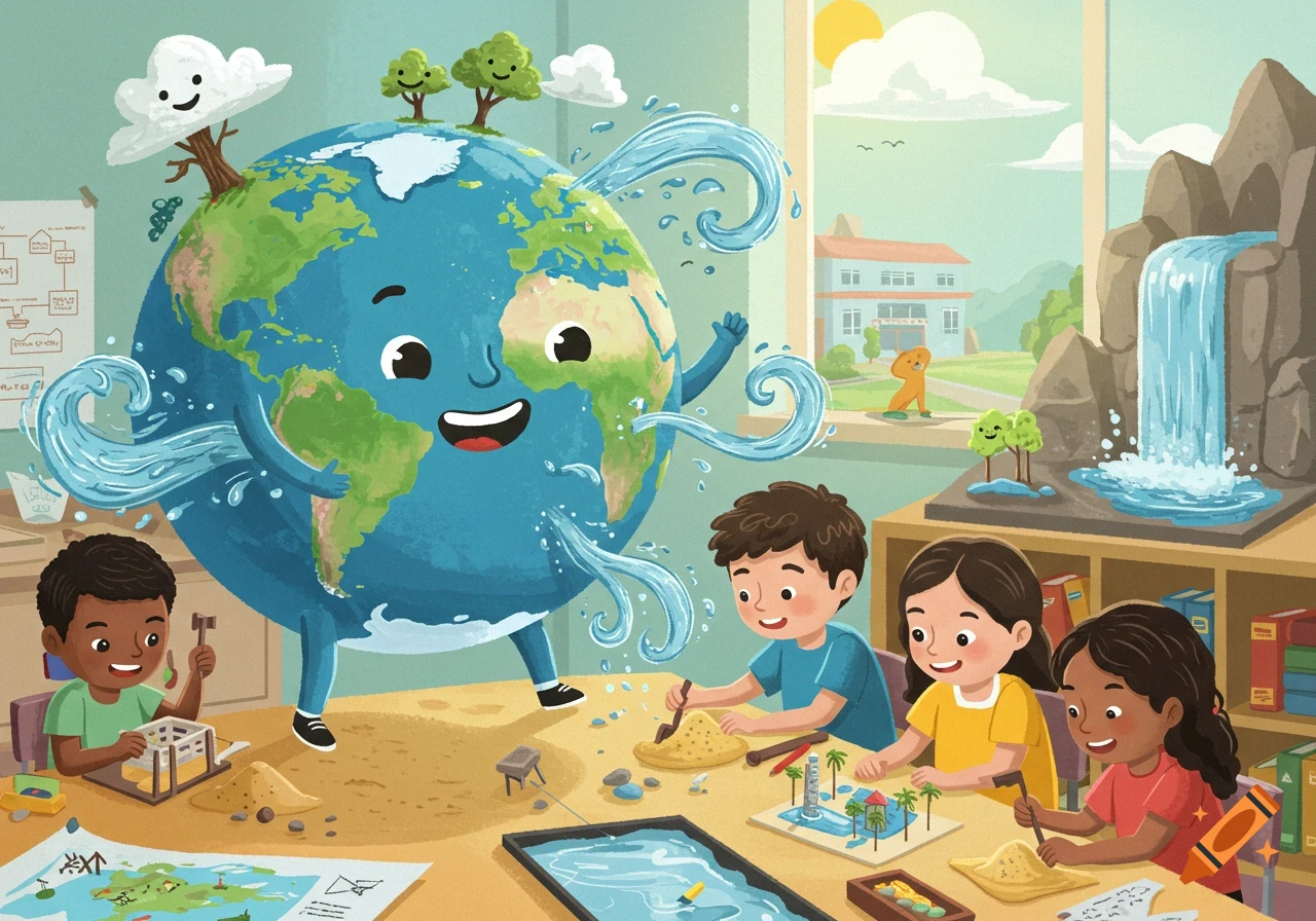 Colorful cartoon illustration of a smiling Earth character with three diverse children doing science experiments in a classroom.