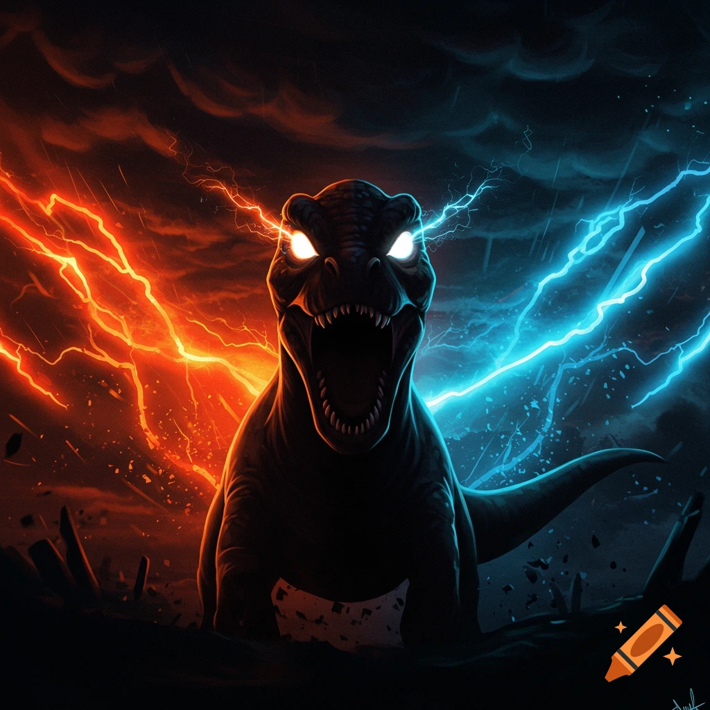 A dark, cartoon-style dinosaur with glowing eyes roars amidst red and blue lightning.