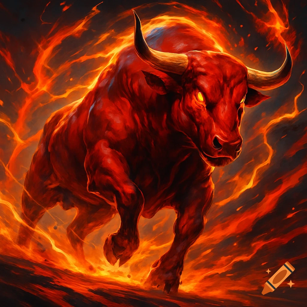 A powerful red bull with glowing eyes charging through a fiery, hellish landscape.