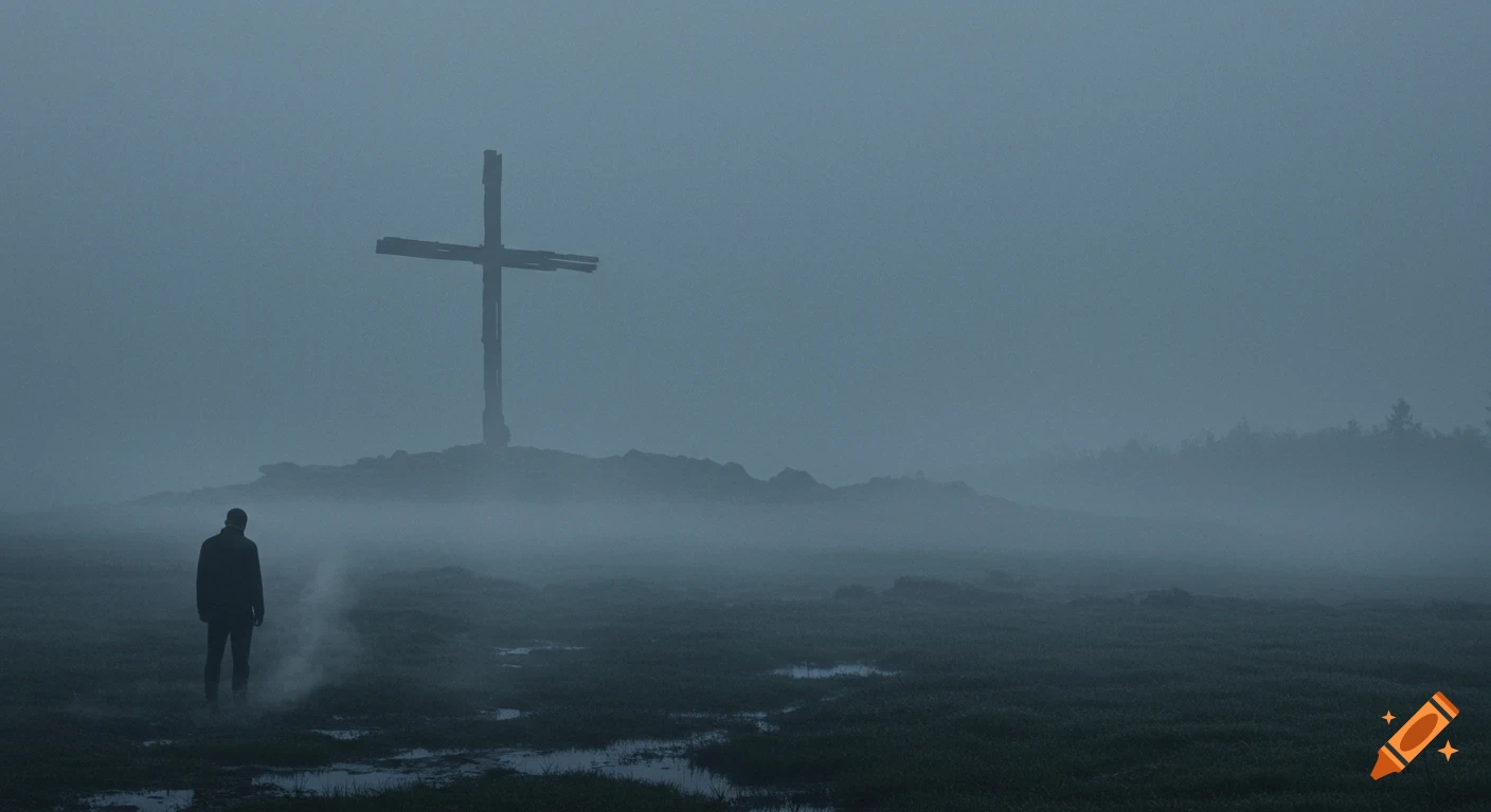 A lone man stands in a vast, foggy field, looking towards a large wooden cross atop a distant hill under a dim, grey-blue sky.