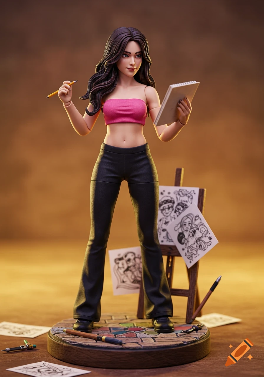 A detailed action figure of a woman with long dark hair, wearing a pink tube top and black flared leggings, holding a pencil and sketchbook, surrounded by drawings and art supplies.