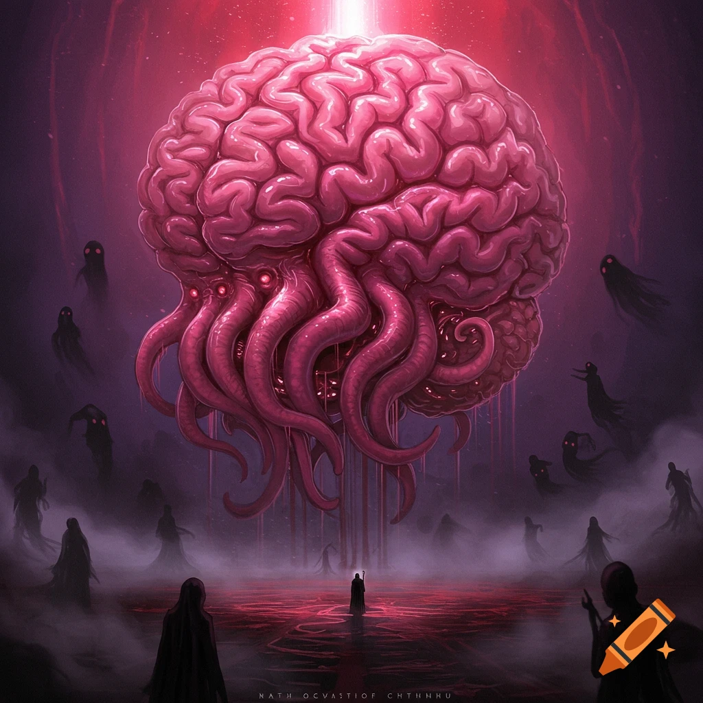 A giant pink brain with tentacles and red eyes floats over a red, reflective pool where shadowy figures stand in a dark fantasy setting.