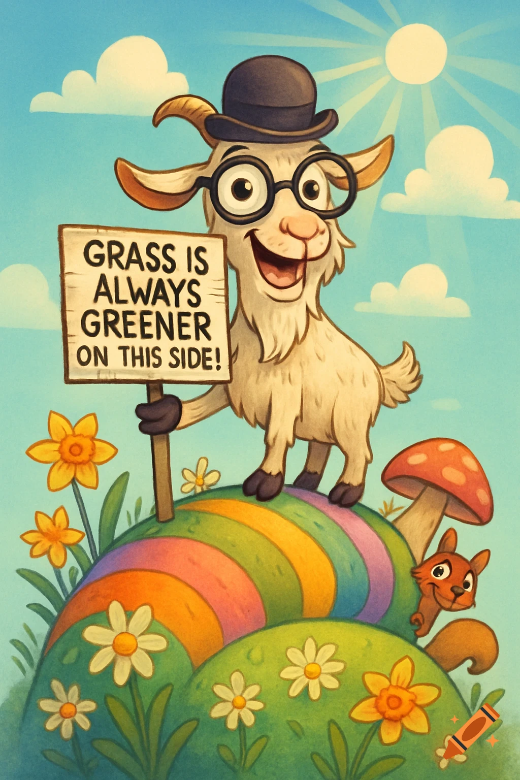 A smiling cartoon goat in a bowler hat and glasses holds a sign reading "Grass is always greener on this side!" on a colorful hill with flowers and a squirrel.