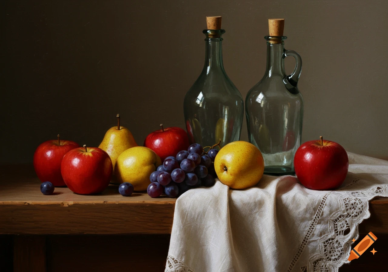 A realistic still life painting featuring red apples, yellow pears, and purple grapes alongside two glass bottles on a draped wooden table.